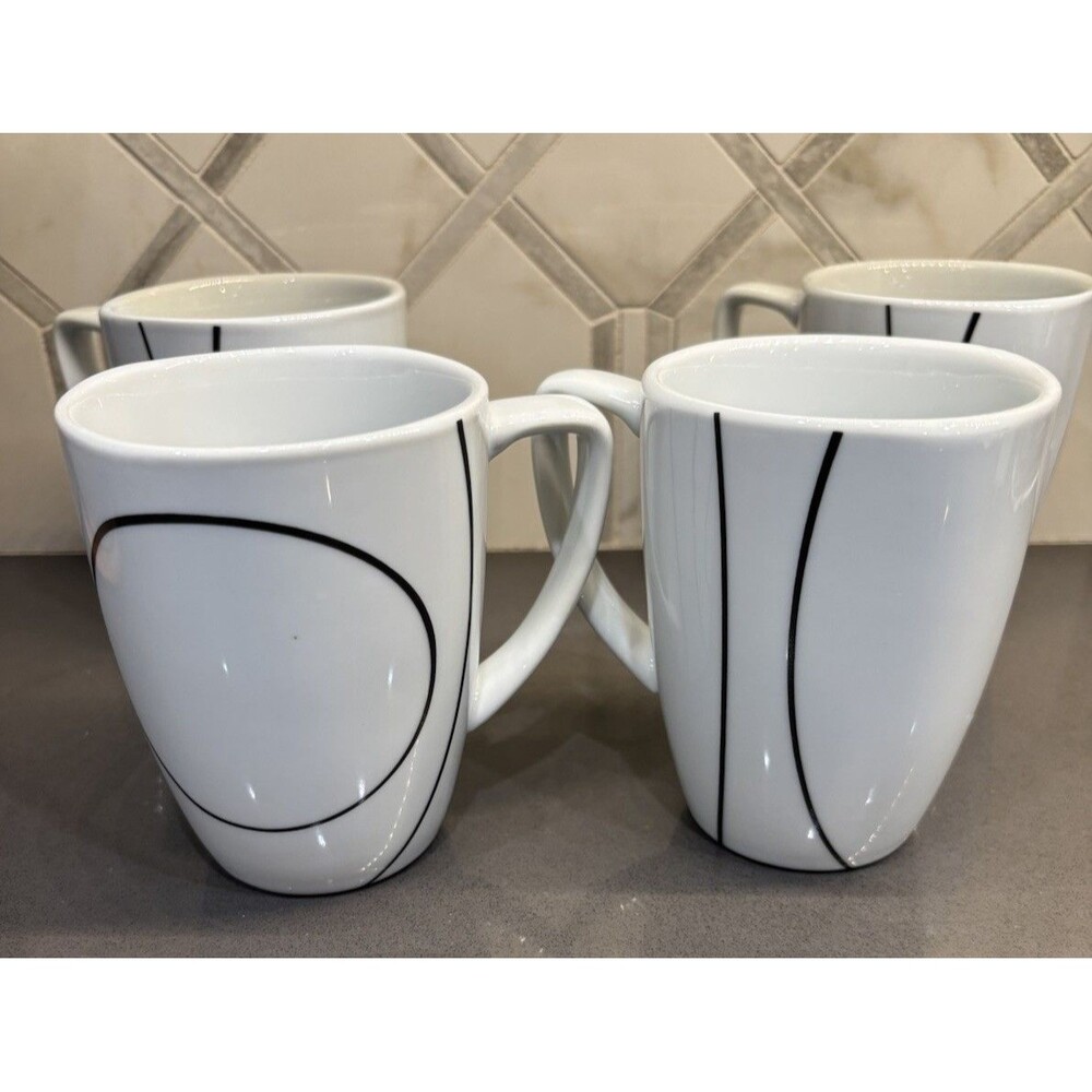 Set Of 4 - Corelle Coordinates Simple Lines Mugs Black White Coffee Cups Dishes